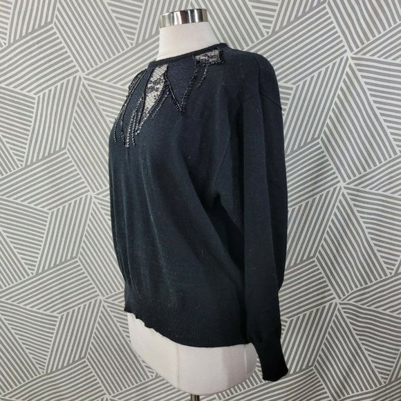 Vintage size Large Sweater Lace Cut out Sequin Dark Academia Black Goth alt - Picture 6 of 7